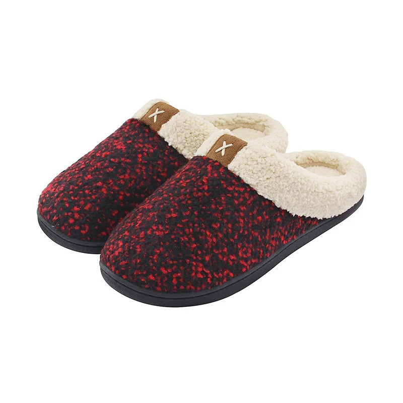 Men's knitted slippers with a teddy collar, open back and rubber sole - red
