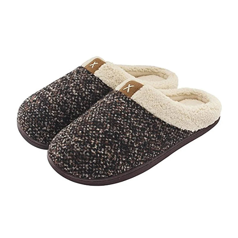 Men's knitted slippers with a teddy collar, open back and rubber sole - brown