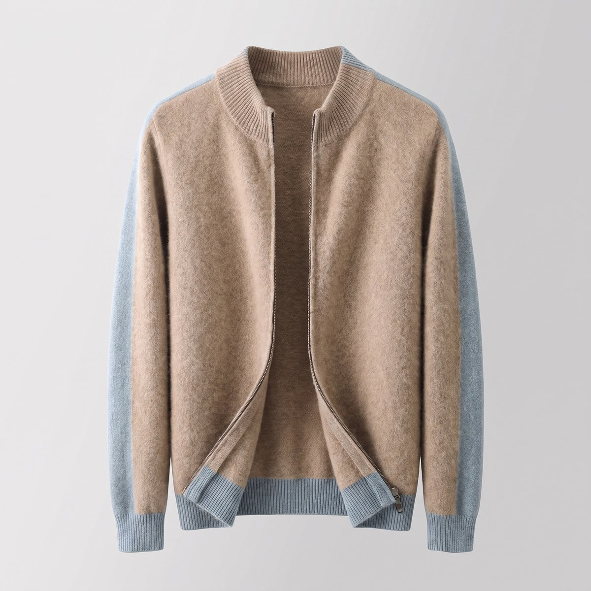 Men's knitted zip cardigan with contrast sleeves - sand beige