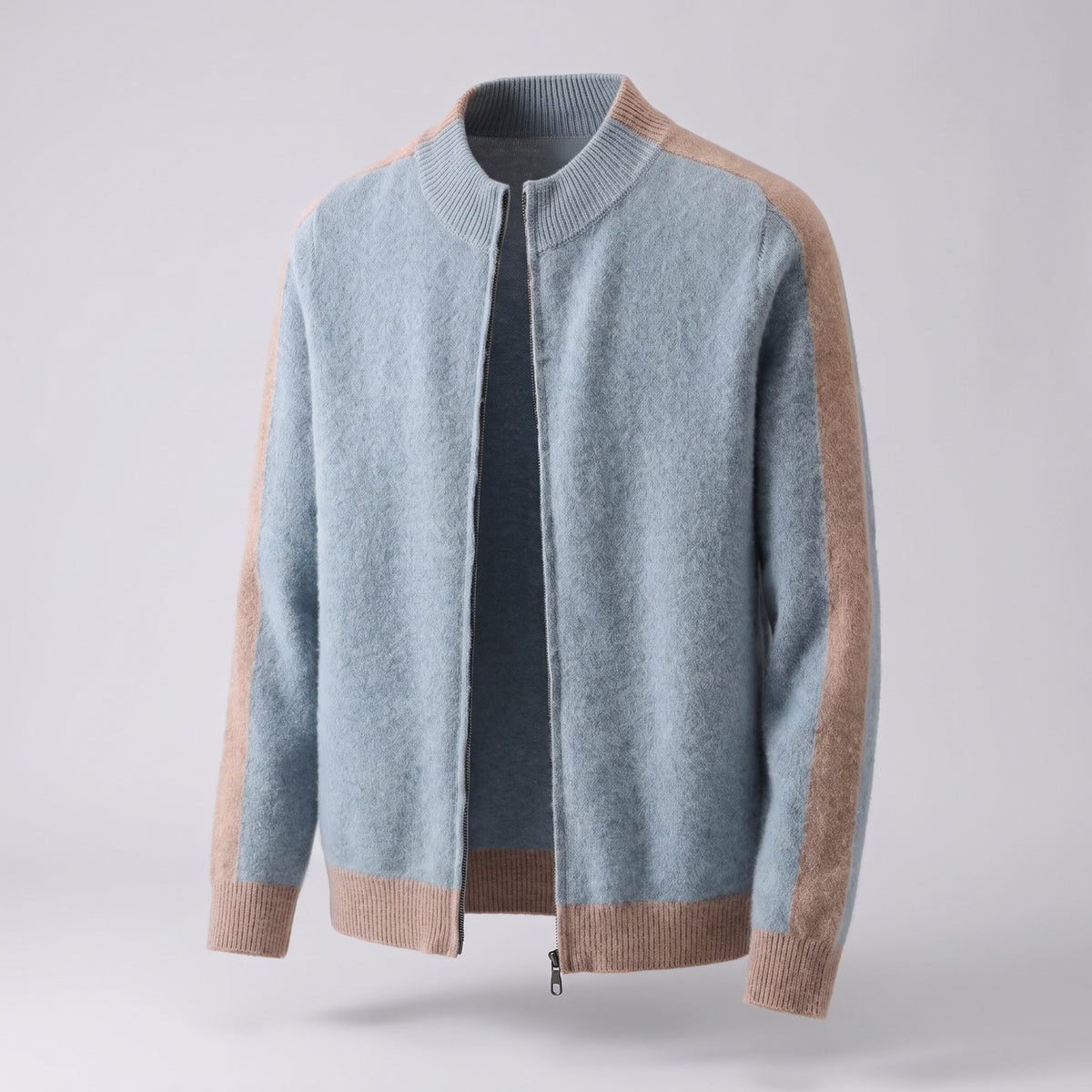 Men's knitted zip cardigan with contrast sleeves - light blue