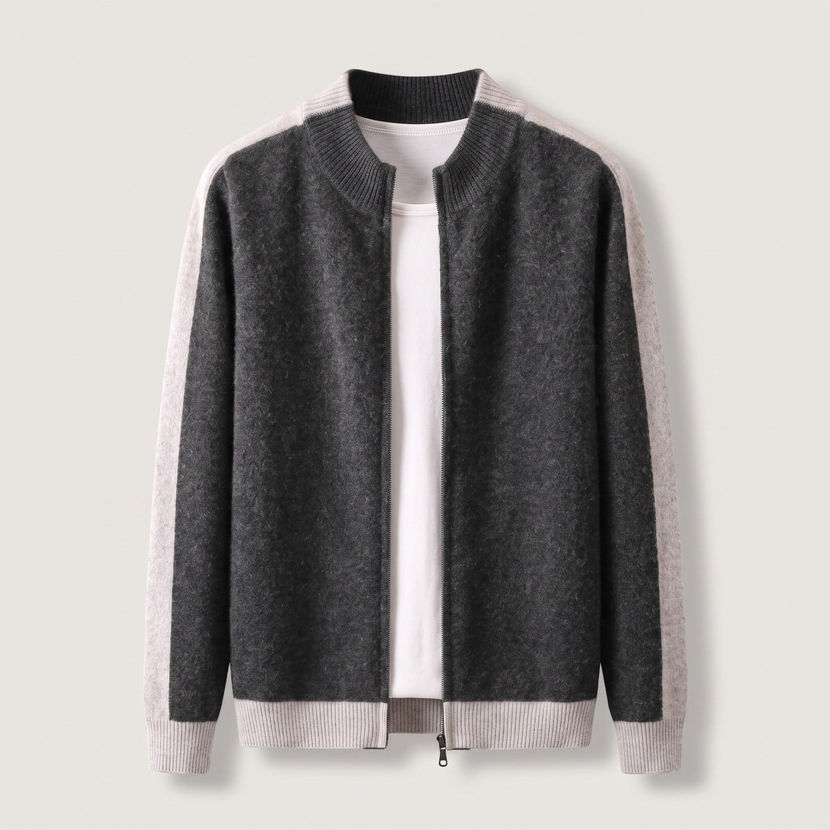 Men's knitted zip cardigan with contrast sleeves - charcoal