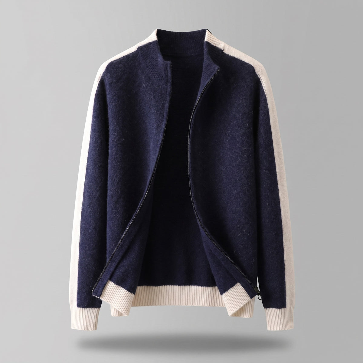 Men's knitted zip cardigan with contrast sleeves - navy