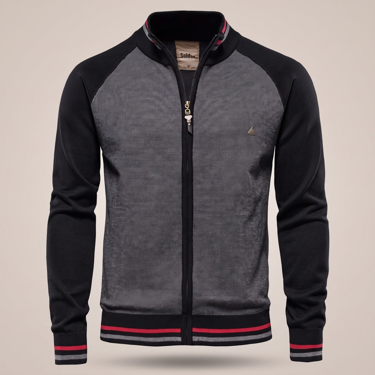 Men's knitted zip-through cardigan with striped trims - black