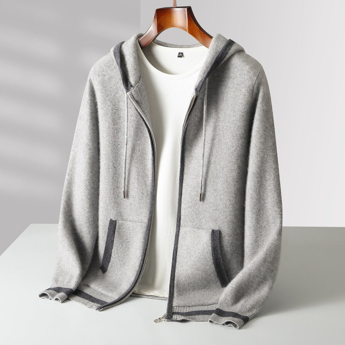 Men's knitted zip hoodie with a drawstring hood and contrast piping - light grey
