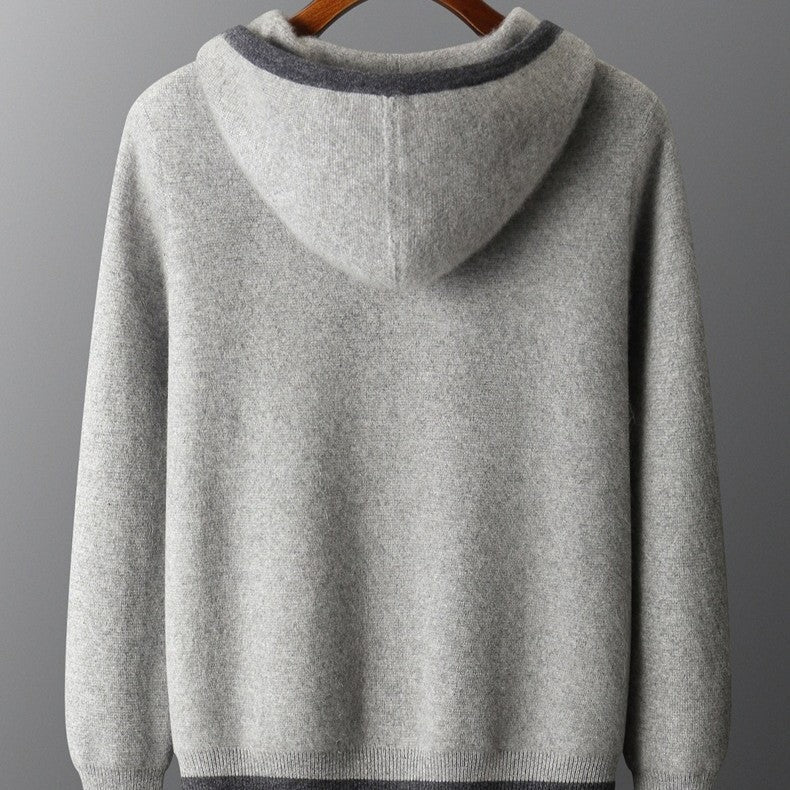 Men's knitted zip hoodie with a drawstring hood and contrast piping - view 5