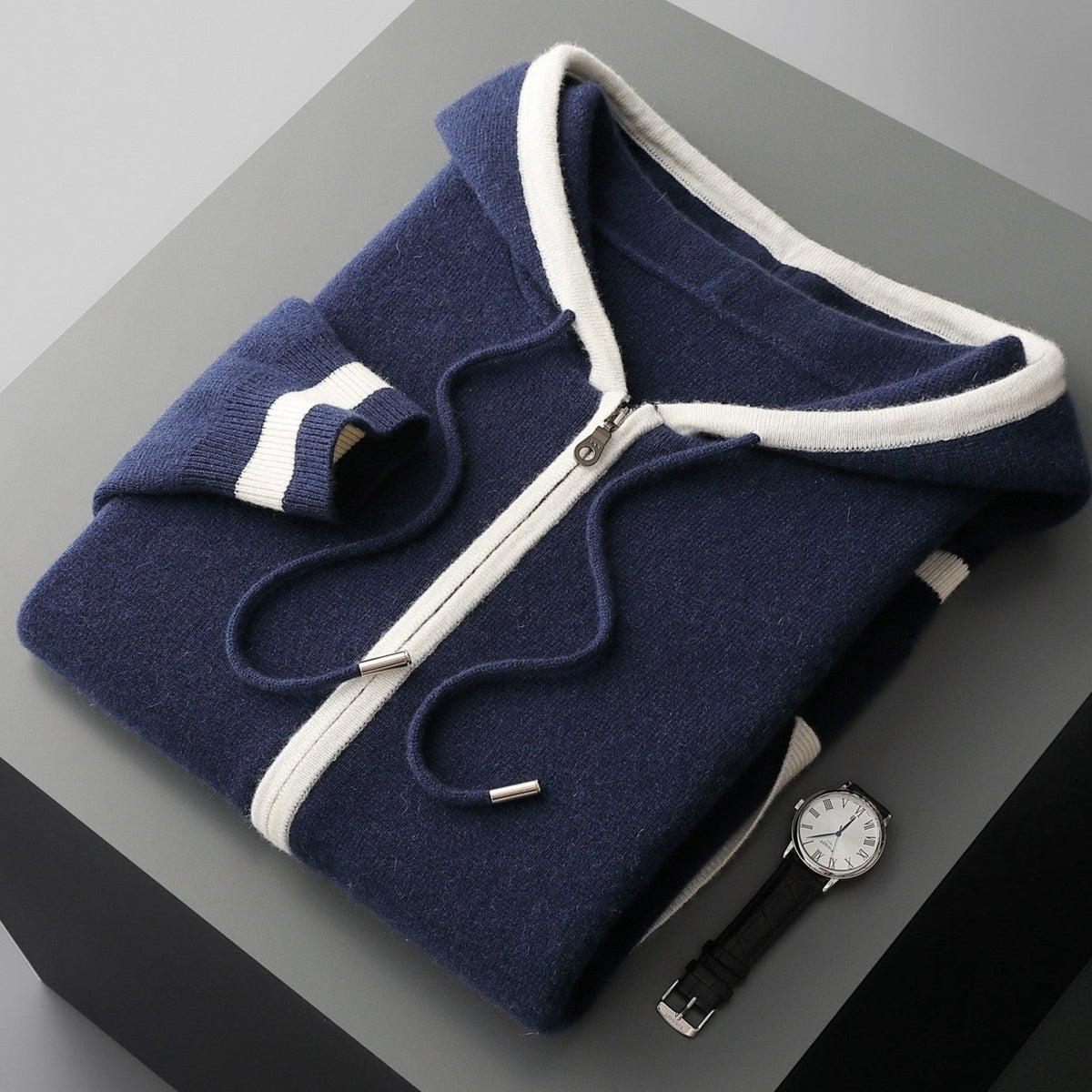 Men's knitted zip hoodie with a drawstring hood and contrast piping - navy/white