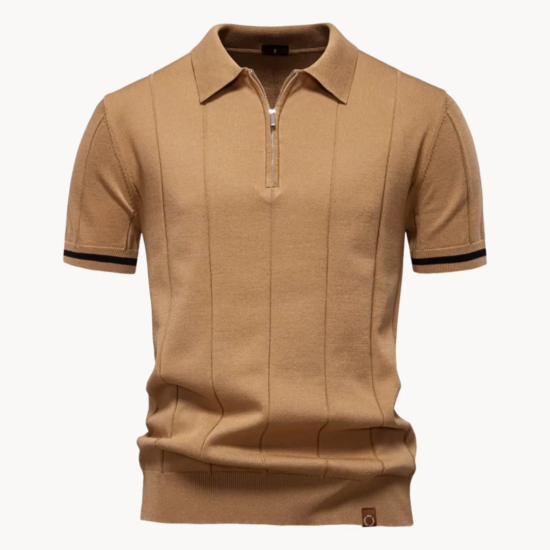 Men's knitted zip polo with tipped sleeves - camel