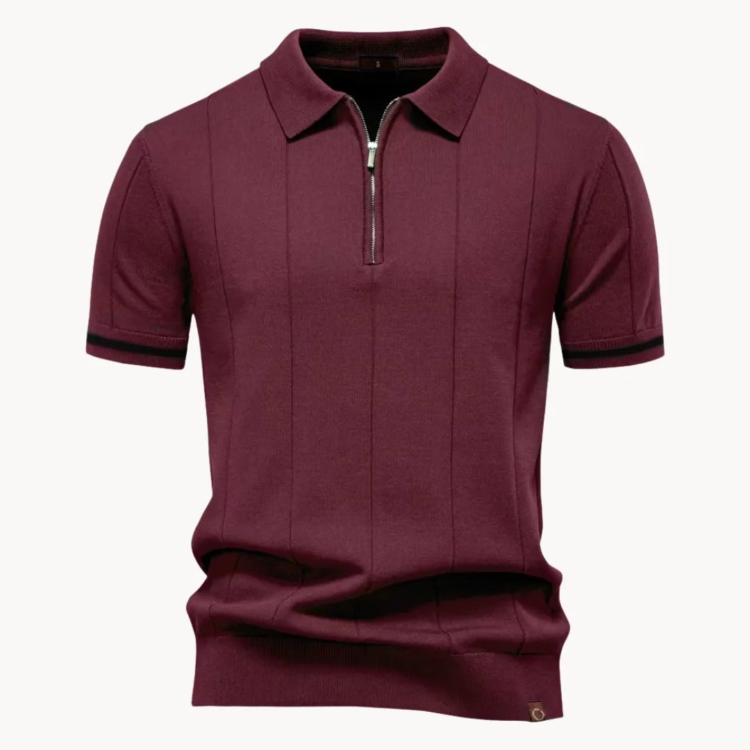Men's knitted zip polo with tipped sleeves - burgundy