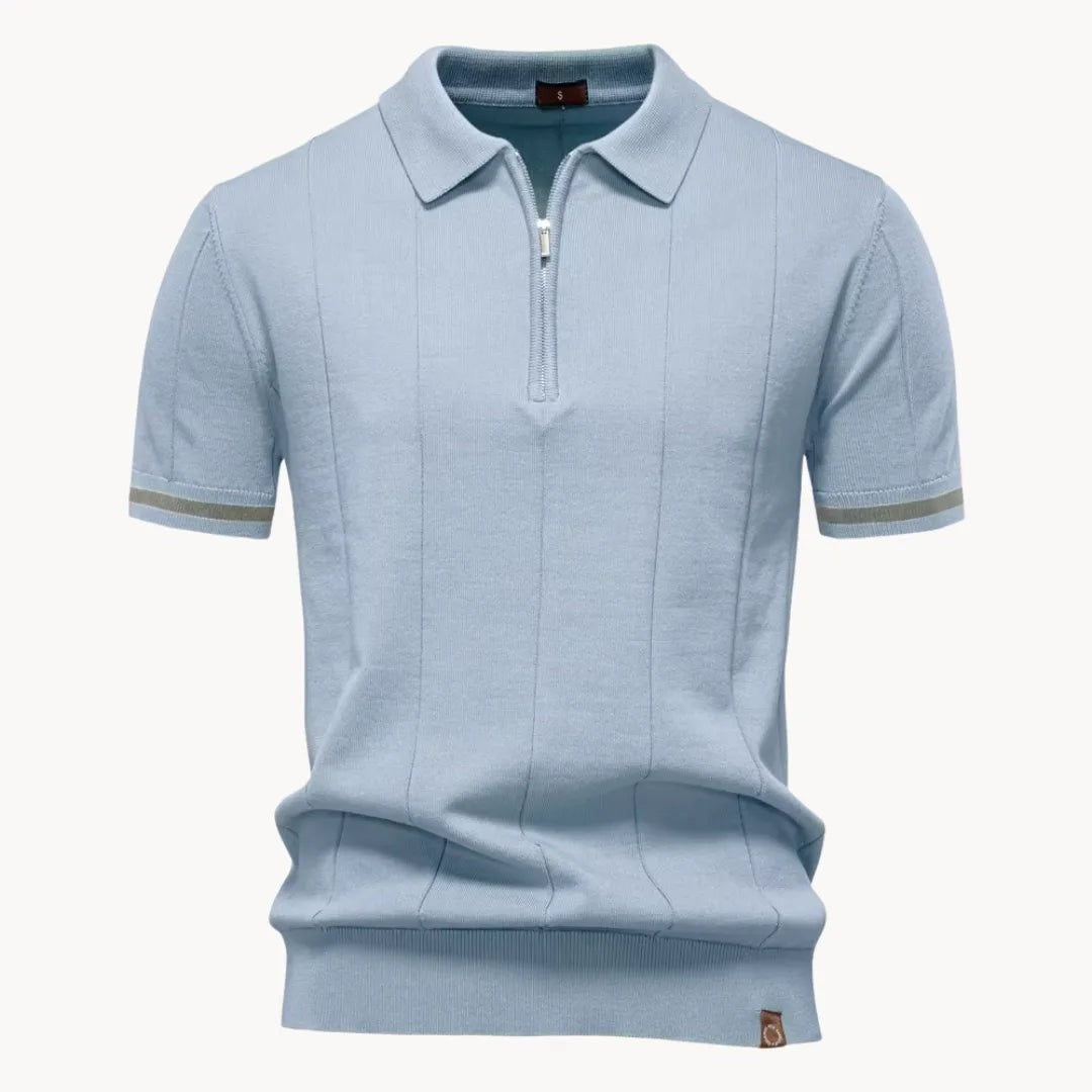 Men's knitted zip polo with tipped sleeves - light blue