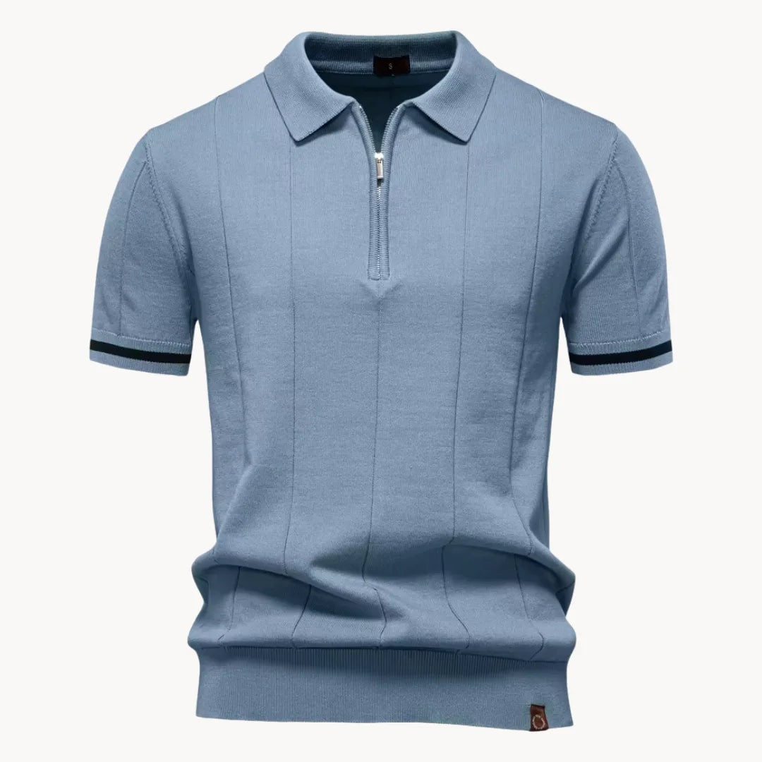 Men's knitted zip polo with tipped sleeves - blue