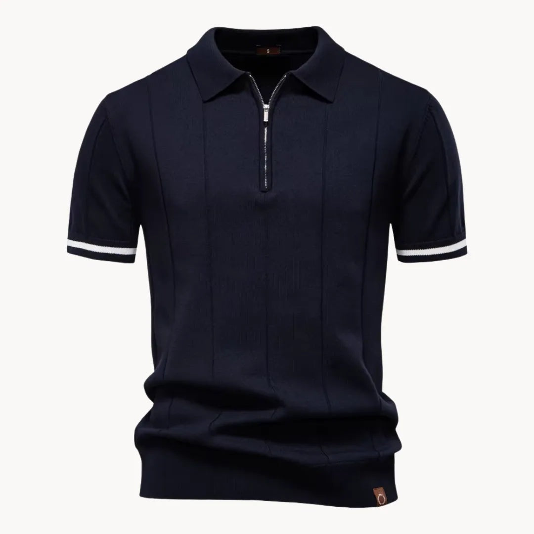 Men's knitted zip polo with tipped sleeves - navy