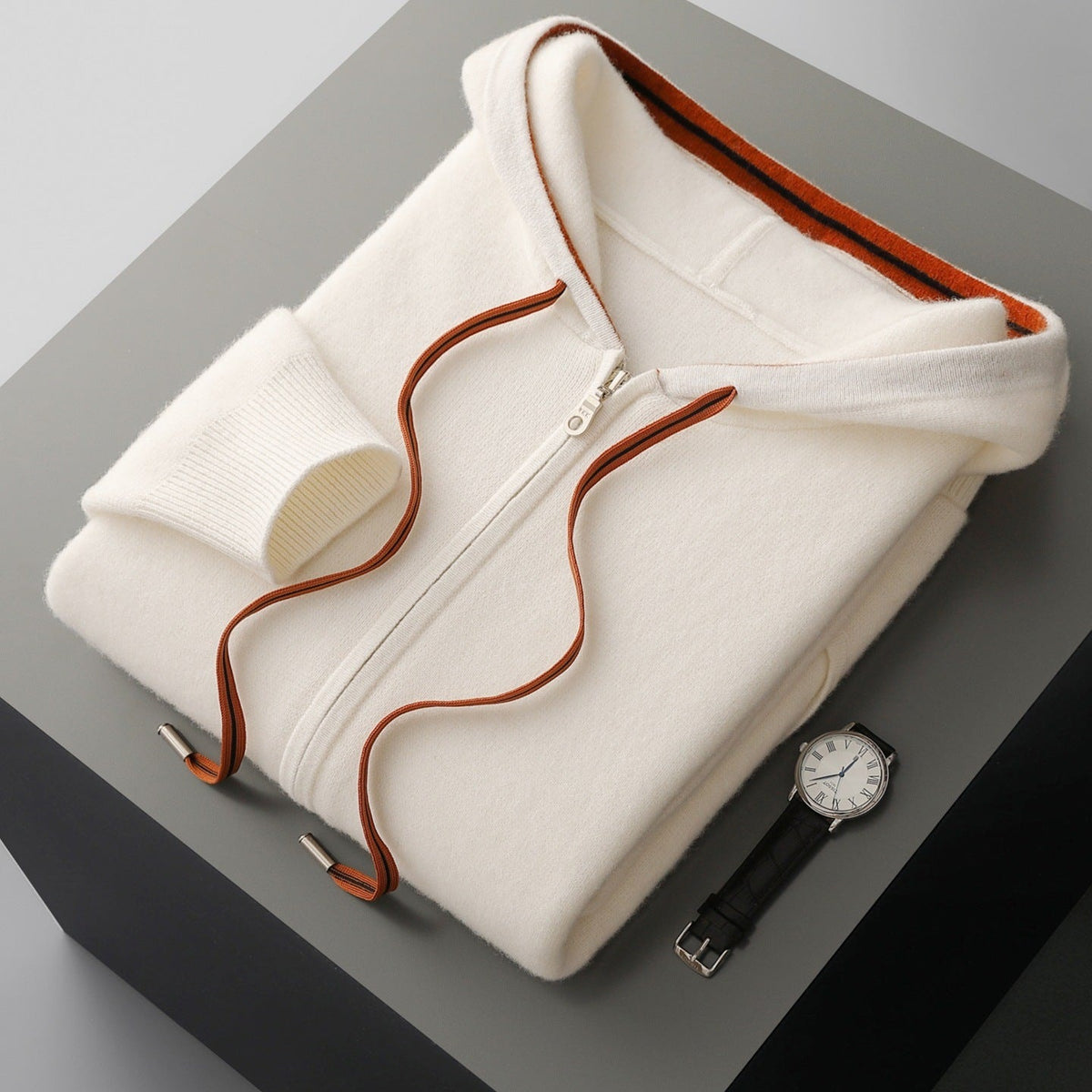 Men's knitted zip-up hoodie with a hood, full-length zip and contrast drawcords - cream