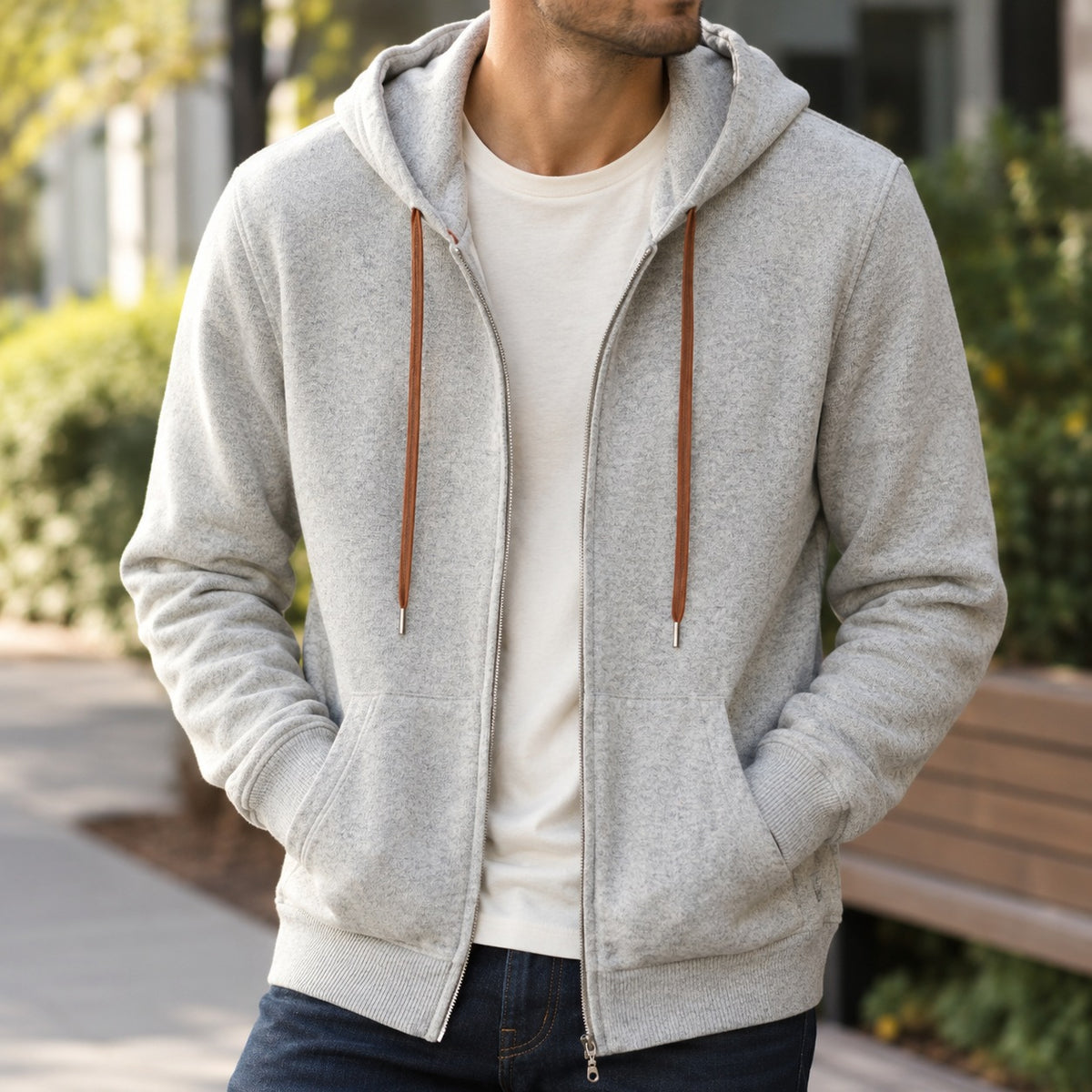 Men's knitted zip-up hoodie with a hood, full-length zip and contrast drawcords - view 2