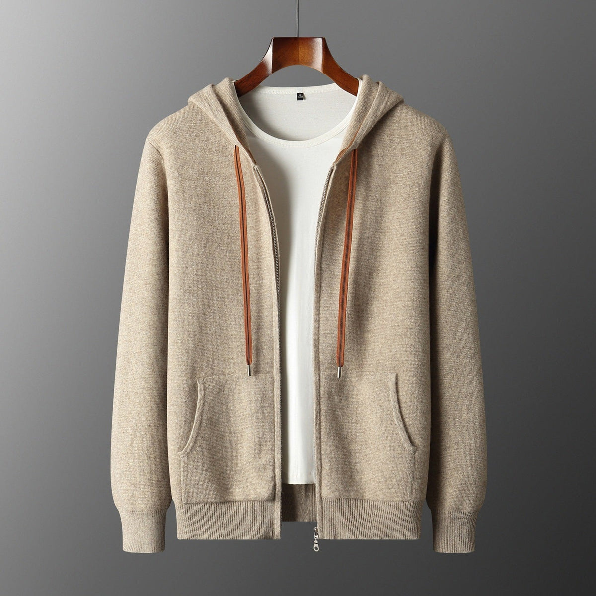 Men's knitted zip-up hoodie with a hood, full-length zip and contrast drawcords - view 3