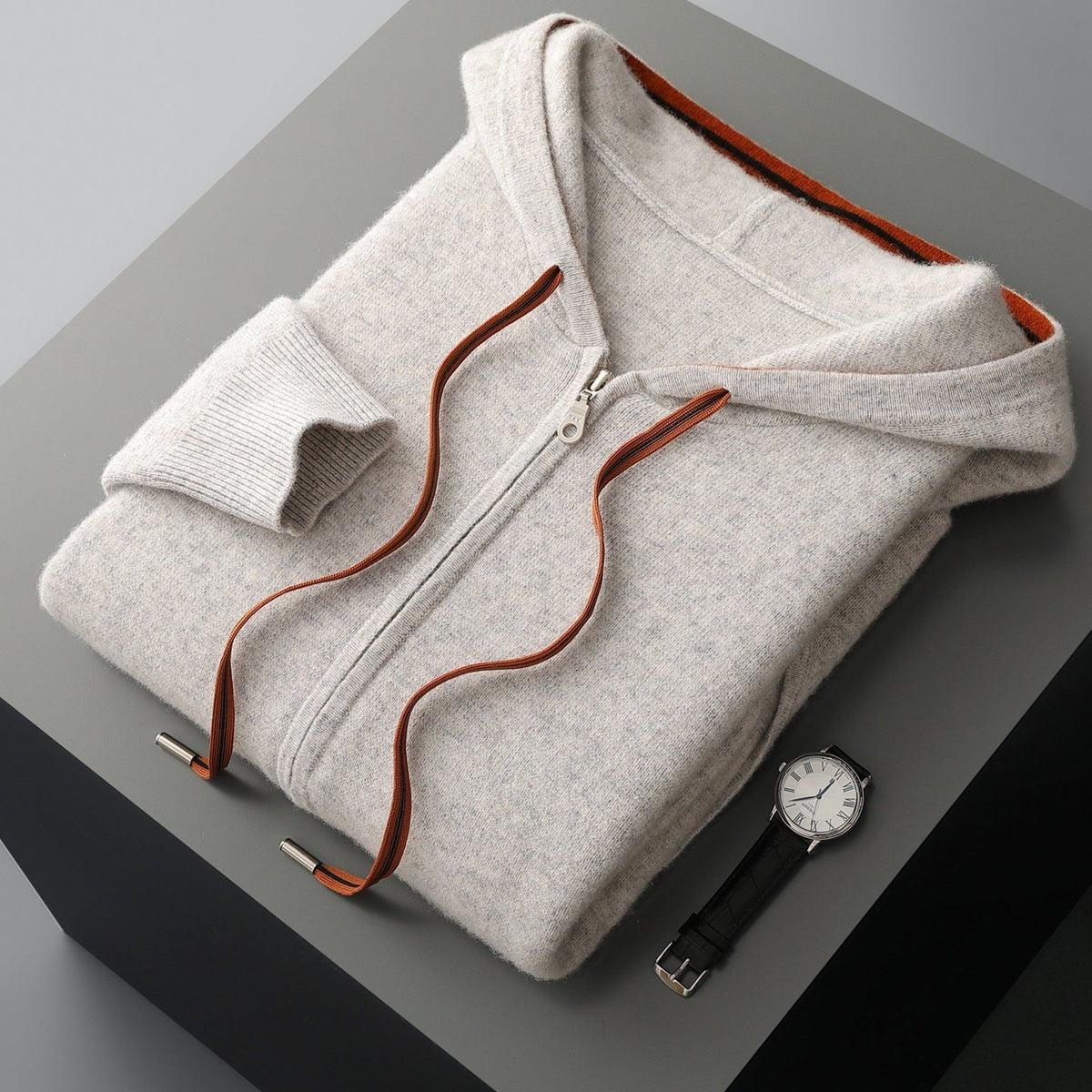 Men's knitted zip-up hoodie with a hood, full-length zip and contrast drawcords - light grey