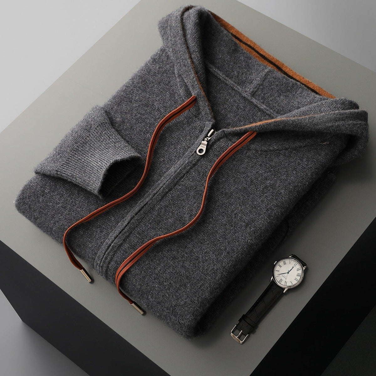 Men's knitted zip-up hoodie with a hood, full-length zip and contrast drawcords - charcoal