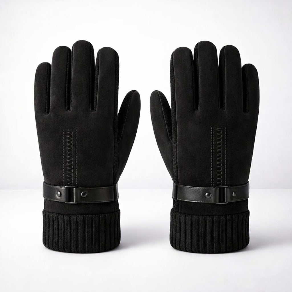 Men's leather gloves with touchscreen fingertips and ribbed knit cuffs - black