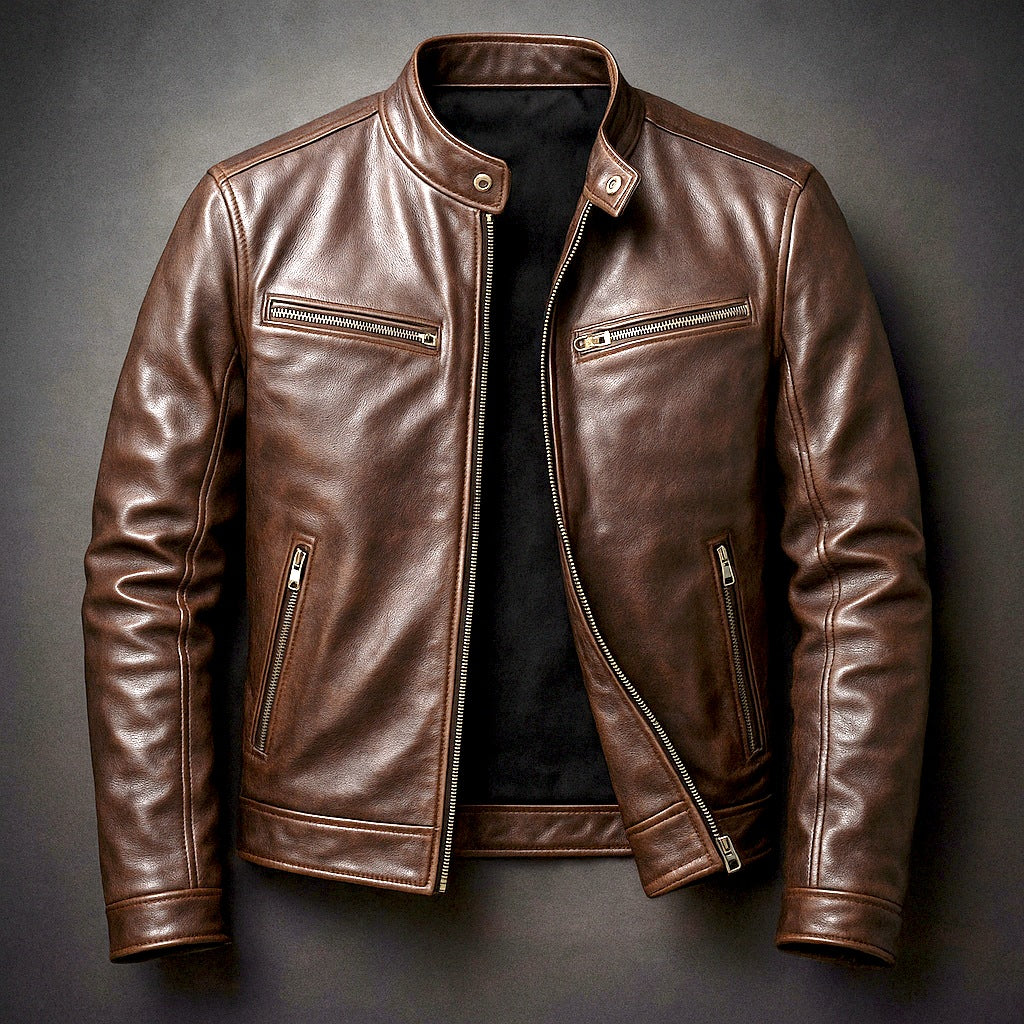 Men's leather-look jacket with a stand collar and zip pockets - brown