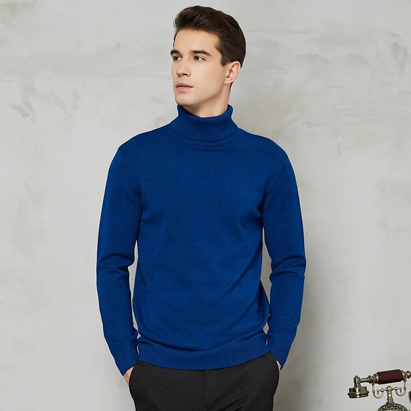 Men's fine knit roll neck jumper with a slim fit and ribbed collar - cobalt blue