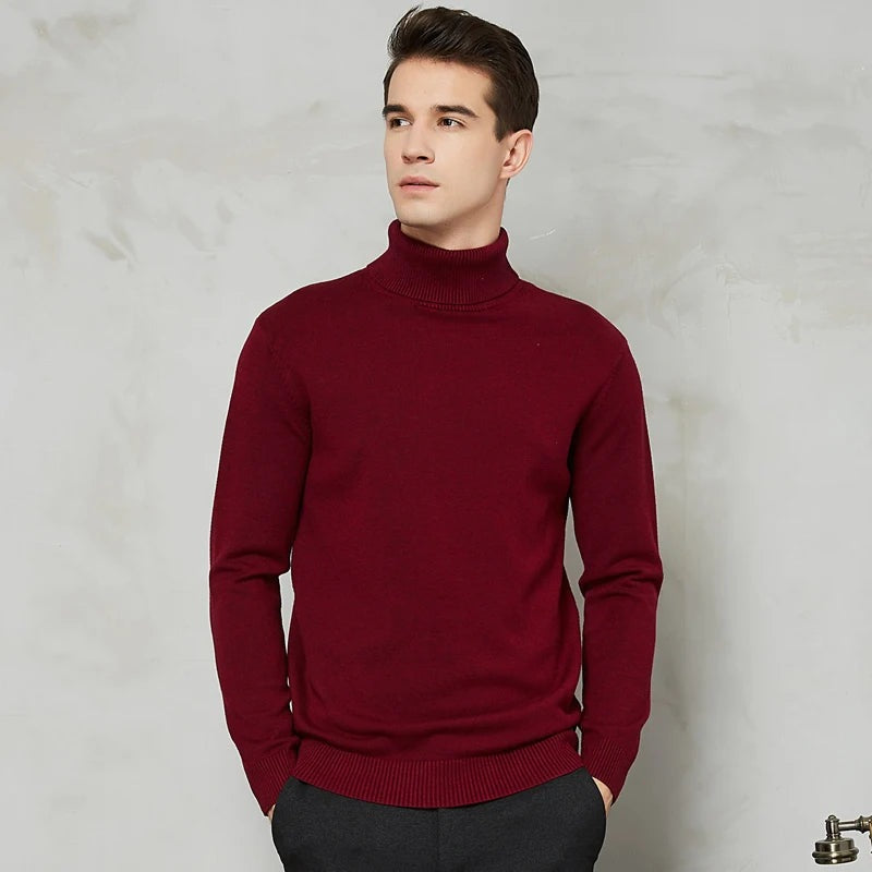 Men's fine knit roll neck jumper with a slim fit and ribbed collar - burgundy