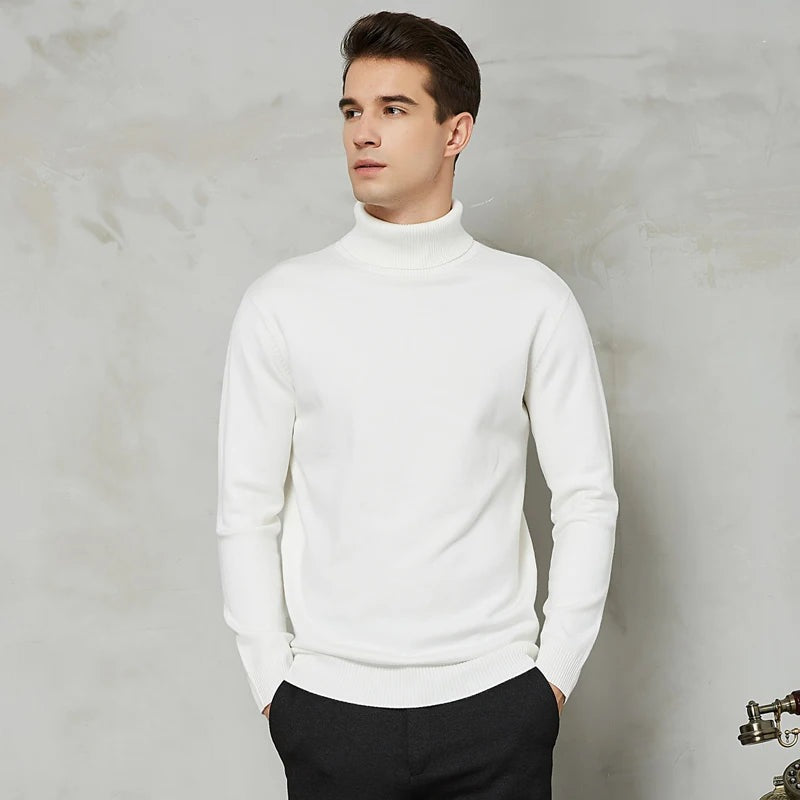 Men's fine knit roll neck jumper with a slim fit and ribbed collar - off-white