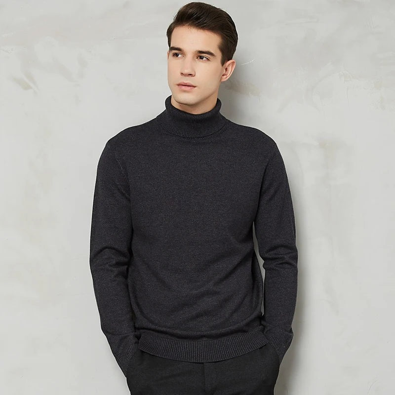 Men's fine knit roll neck jumper with a slim fit and ribbed collar - charcoal