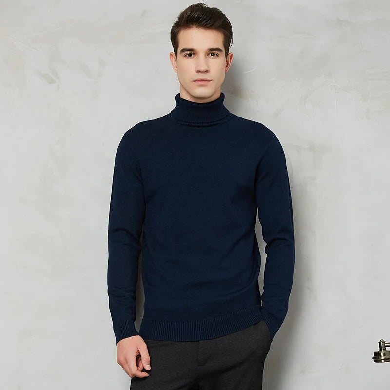 Men's fine knit roll neck jumper with a slim fit and ribbed collar - navy