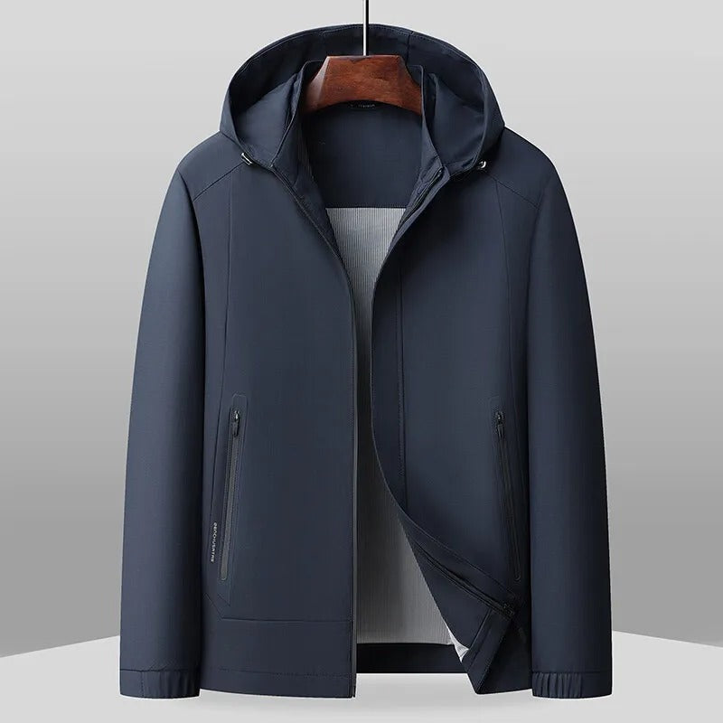 Men's lightweight jacket with a detachable hood, zip pockets and striped lining - navy