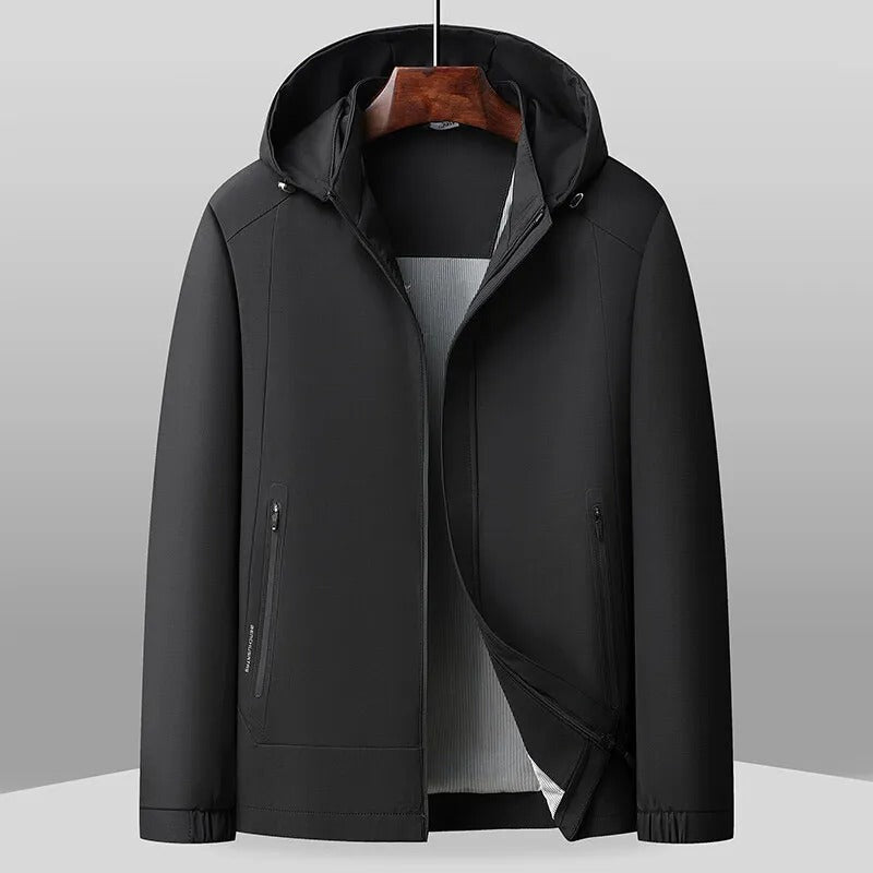 Men's lightweight jacket with a detachable hood, zip pockets and striped lining - black