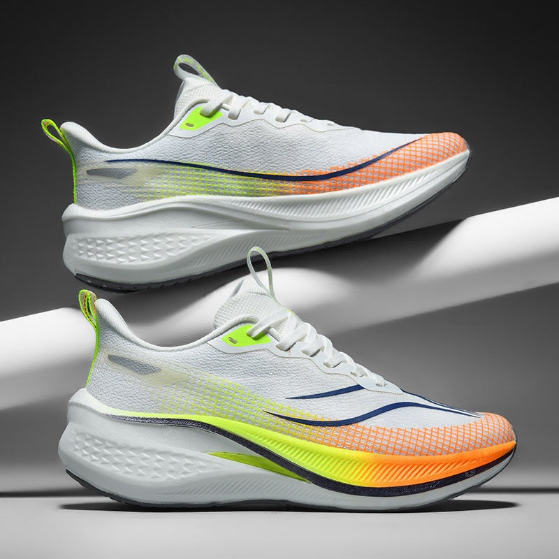 Men's lightweight running trainers with an open mesh upper and a thick foam sole - white and lime