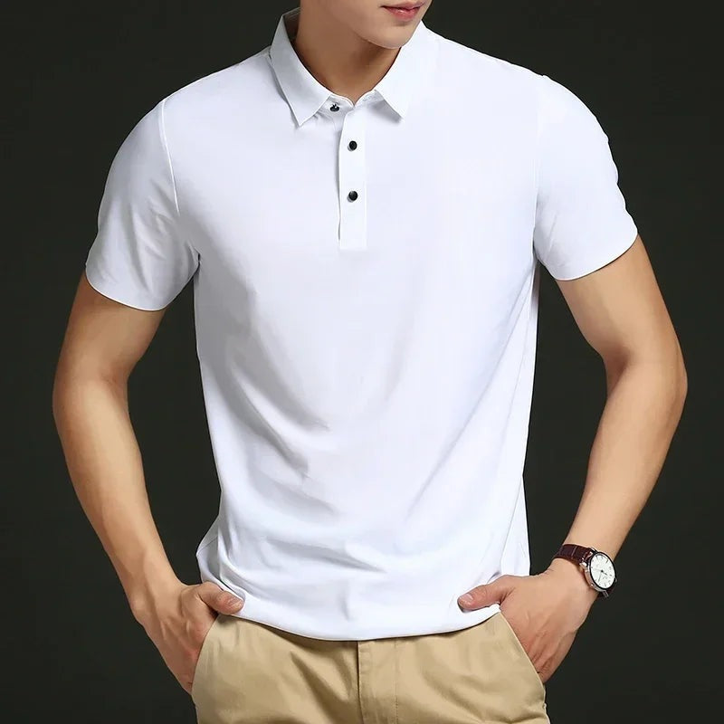 Men's lightweight stretch golf polo with a classic collar and three buttons - white