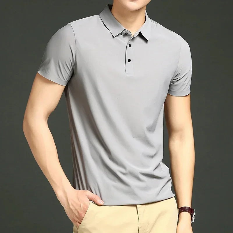 Men's lightweight stretch golf polo with a classic collar and three buttons - light grey