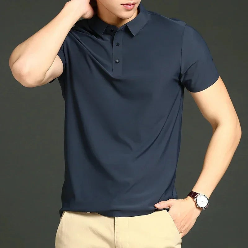 Men's lightweight stretch golf polo with a classic collar and three buttons - navy