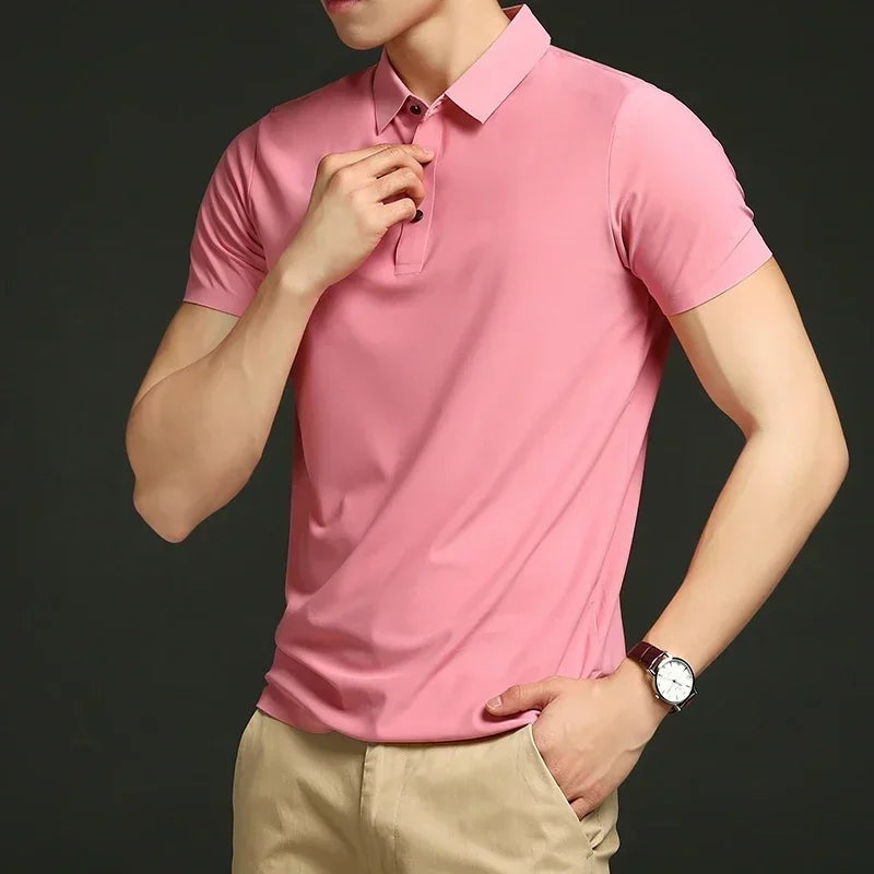 Men's lightweight stretch golf polo with a classic collar and three buttons - salmon pink