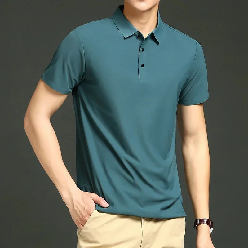 Men's lightweight stretch golf polo with a classic collar and three buttons - teal