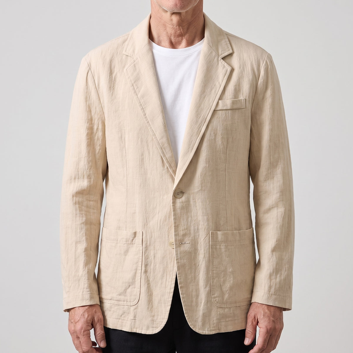 Men's linen-look blazer with patch pockets and two buttons - beige