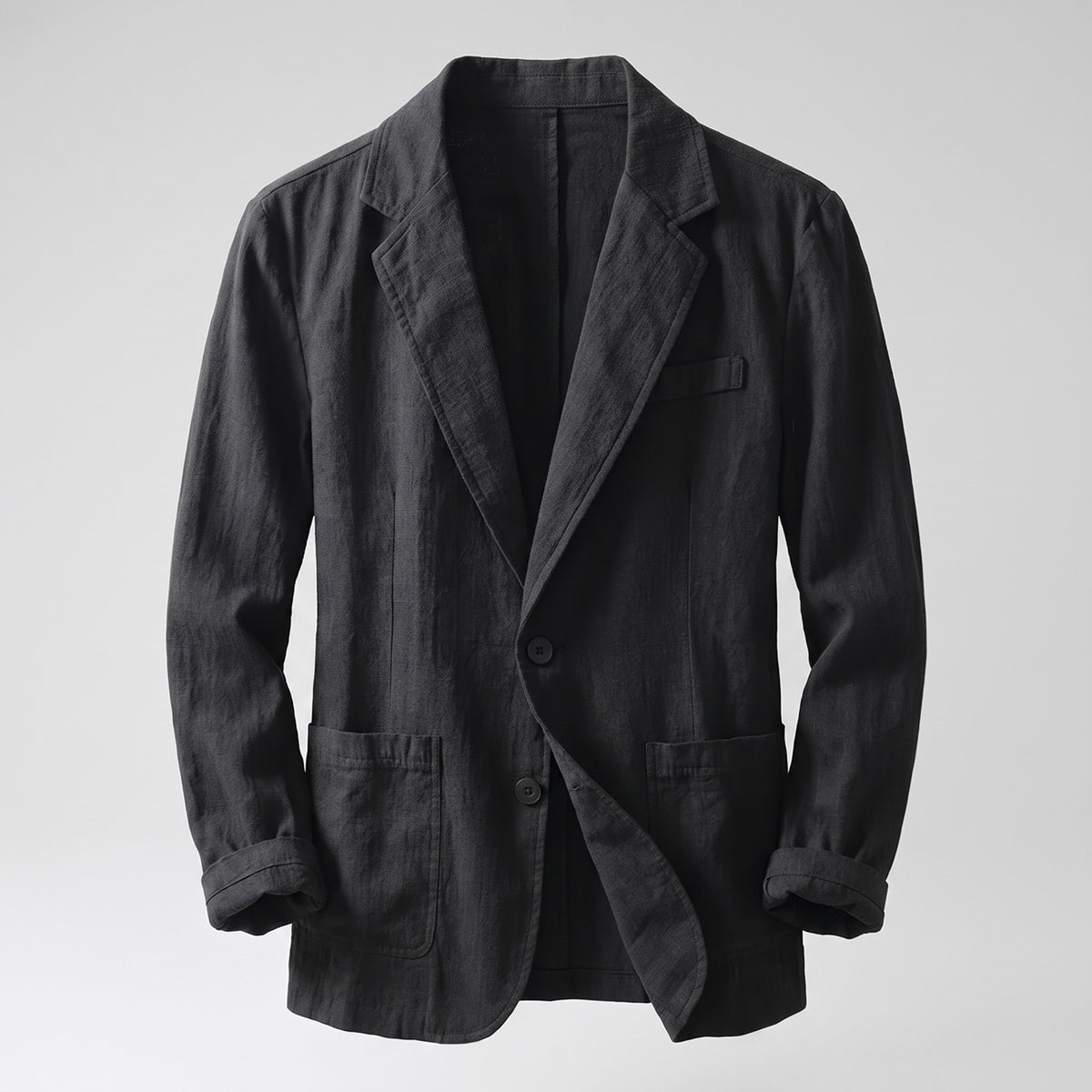 Men's linen-look blazer with patch pockets and two buttons - black