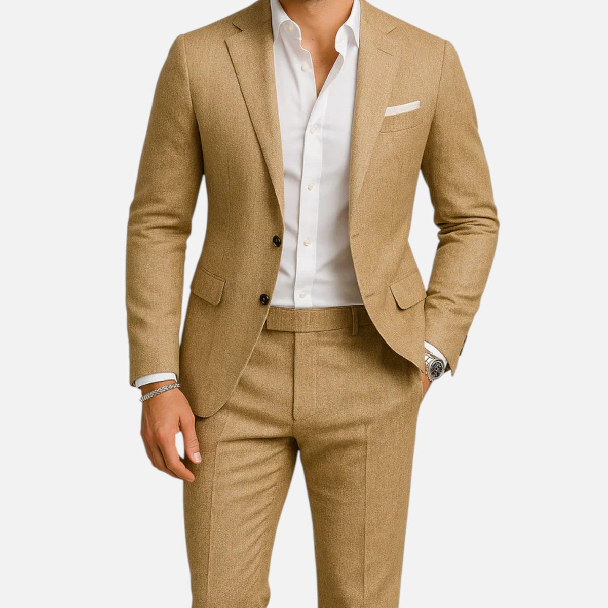 Linen look suit for men with two-button jacket and straight trousers with a pressed crease - light brown