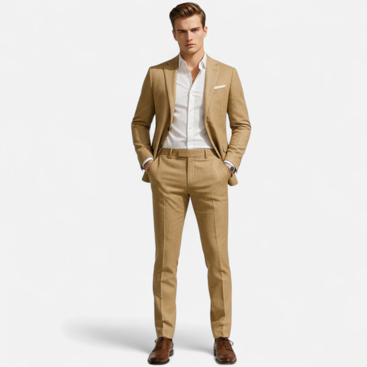 Linen look suit for men with two-button jacket and straight trousers with a pressed crease