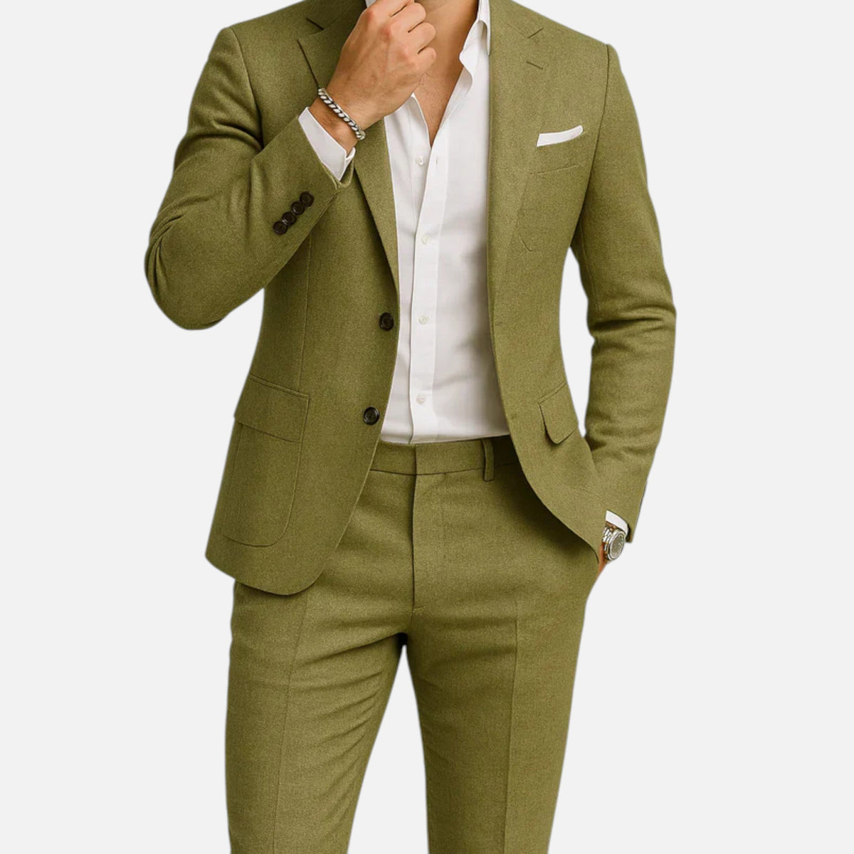 Linen look suit for men with two-button jacket and straight trousers with a pressed crease - olive green
