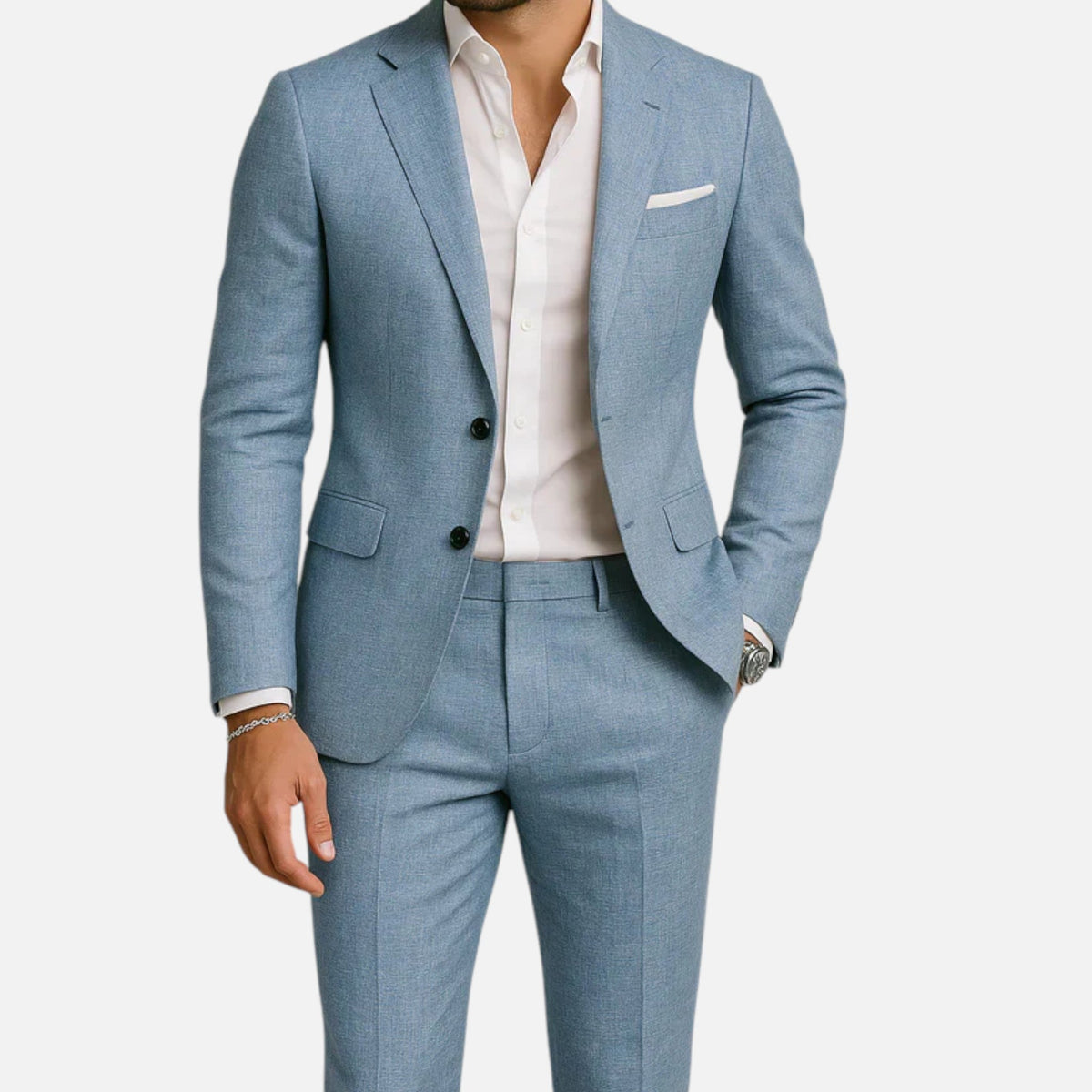 Linen look suit for men with two-button jacket and straight trousers with a pressed crease - light blue