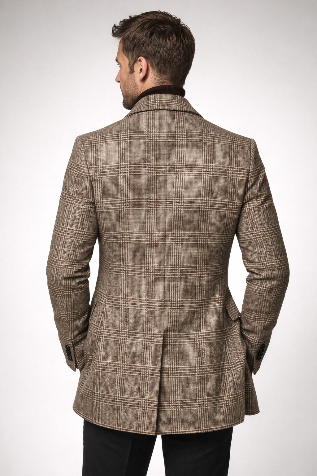 Men's long Prince of Wales check overcoat in a wool blend