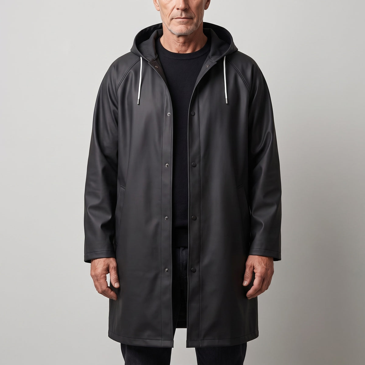 Men's long hooded raincoat with press studs