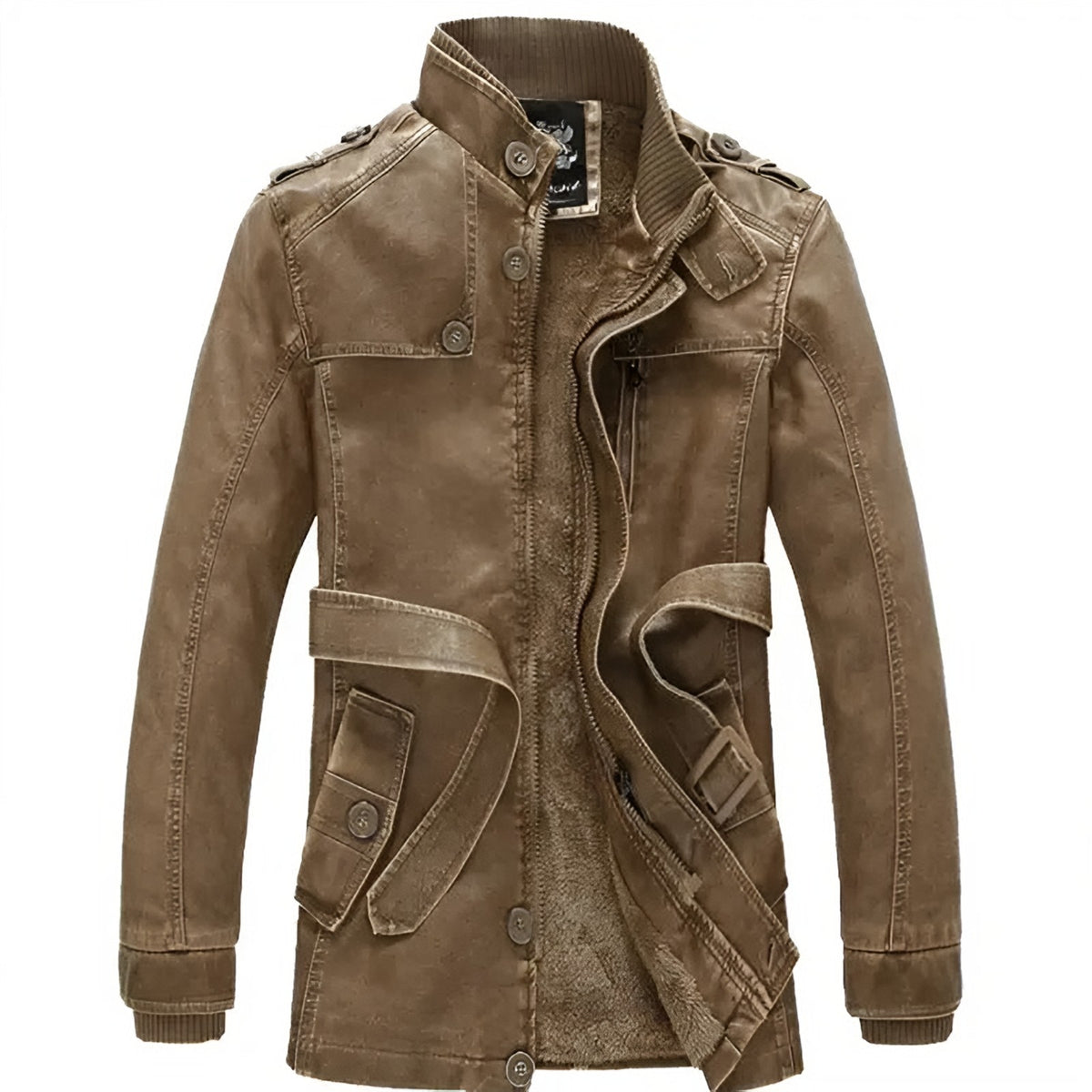 Men's long fleece-lined leather jacket, angle view