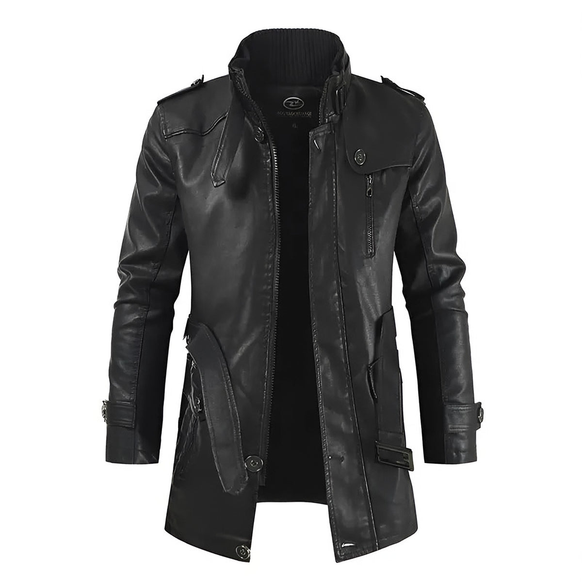 Men's long fleece-lined leather jacket in black, front view