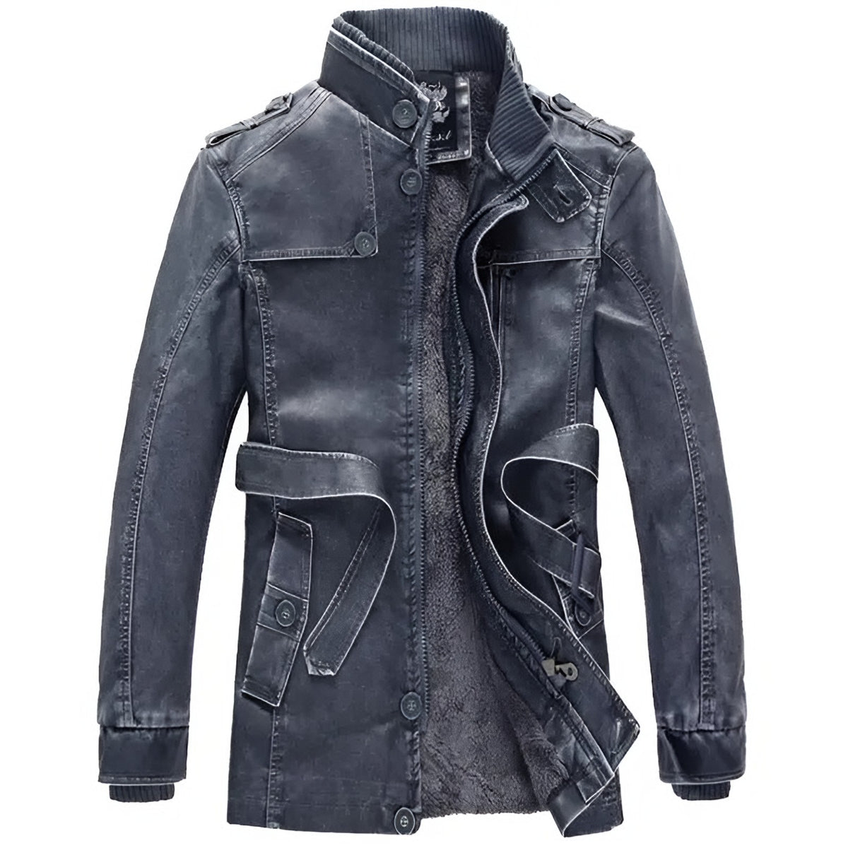 Men's long fleece-lined leather jacket in blue, front view