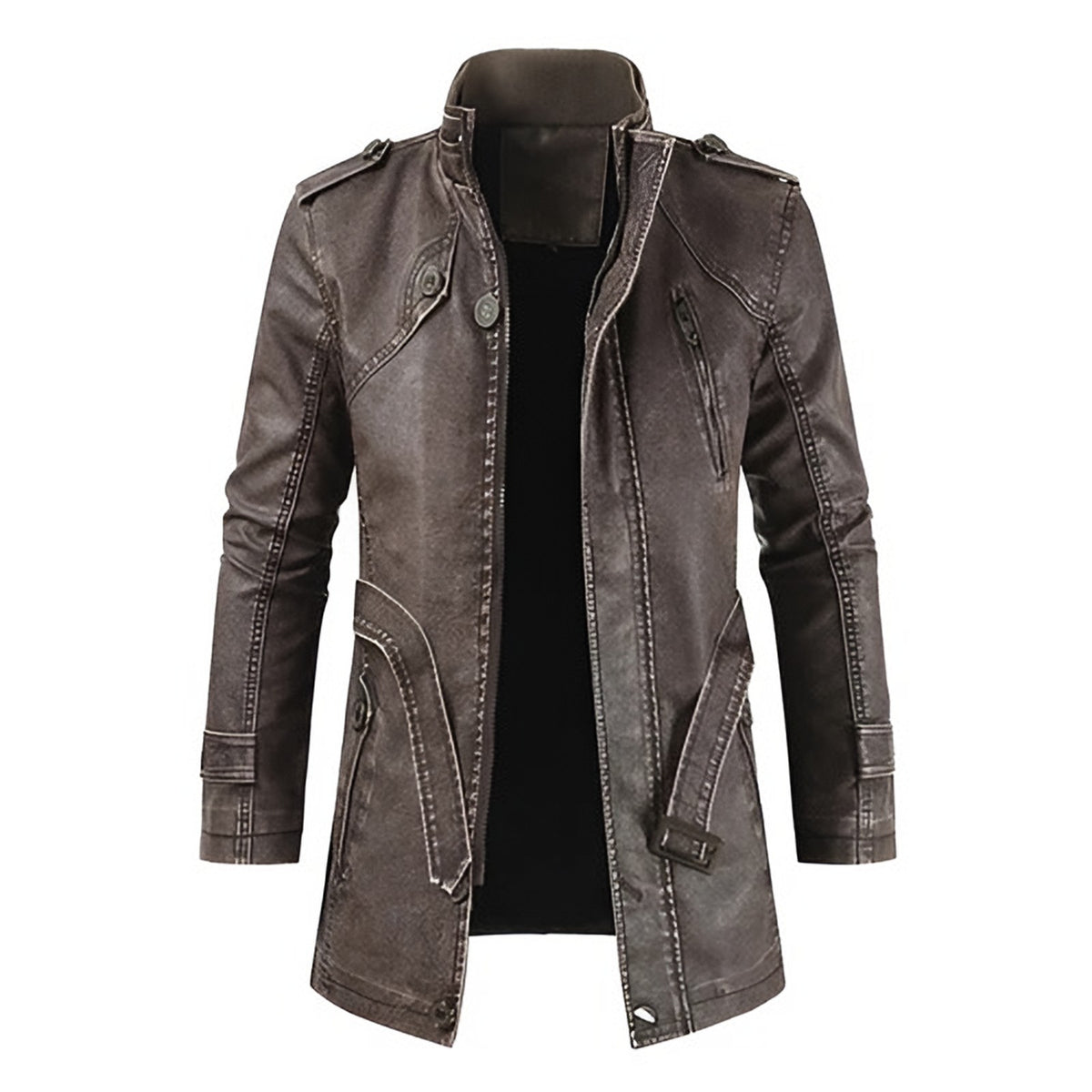 Men's long fleece-lined leather jacket in brown, front view