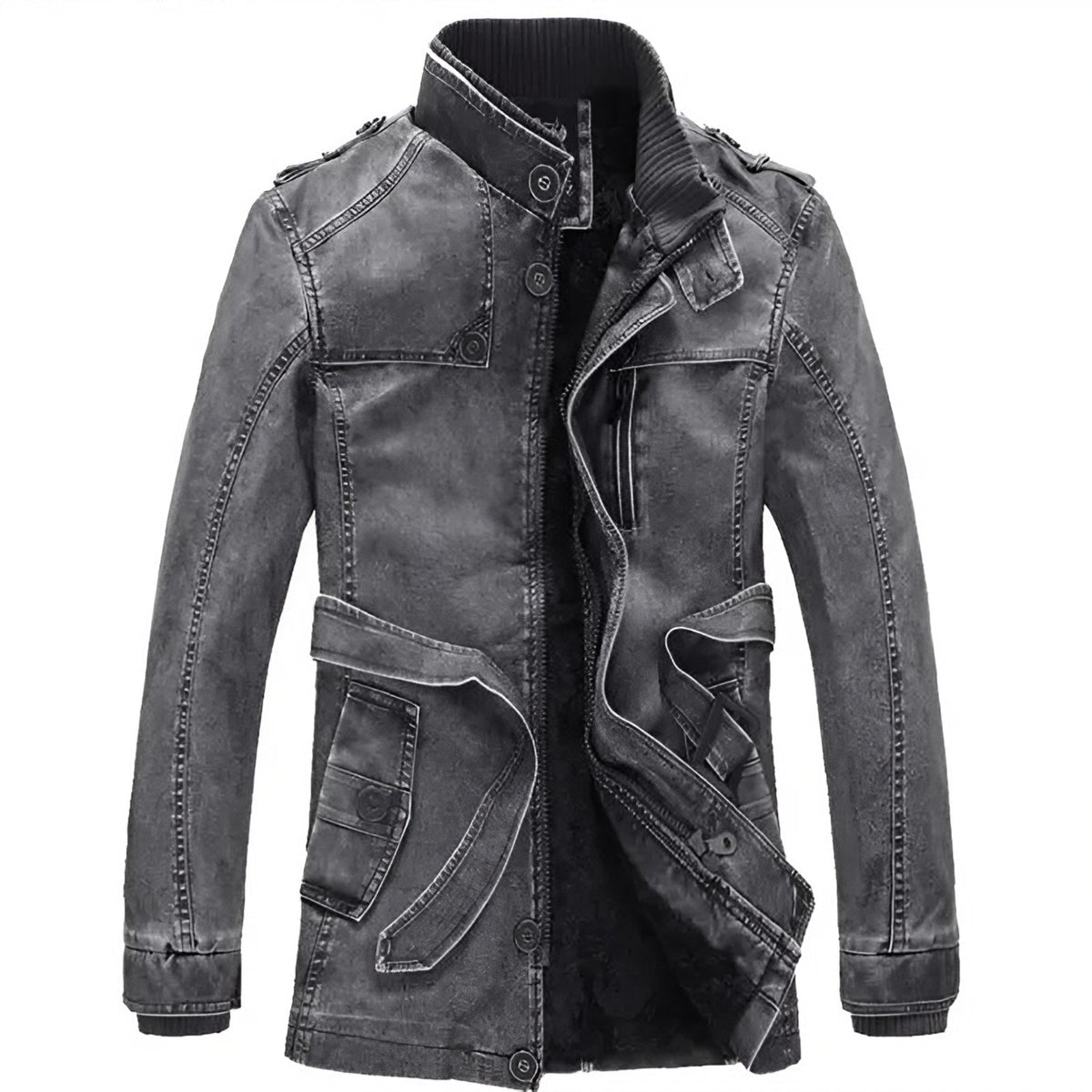 Men's long fleece-lined leather jacket in grey, front view