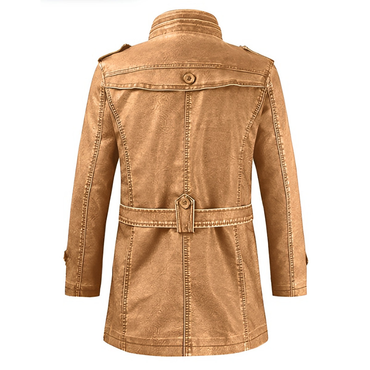 Back of the long leather jacket in light brown with belted waist