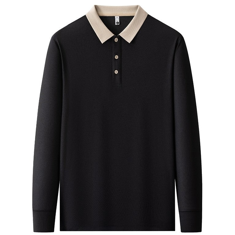 Men's long sleeve polo with a contrast collar and a three-button placket - black